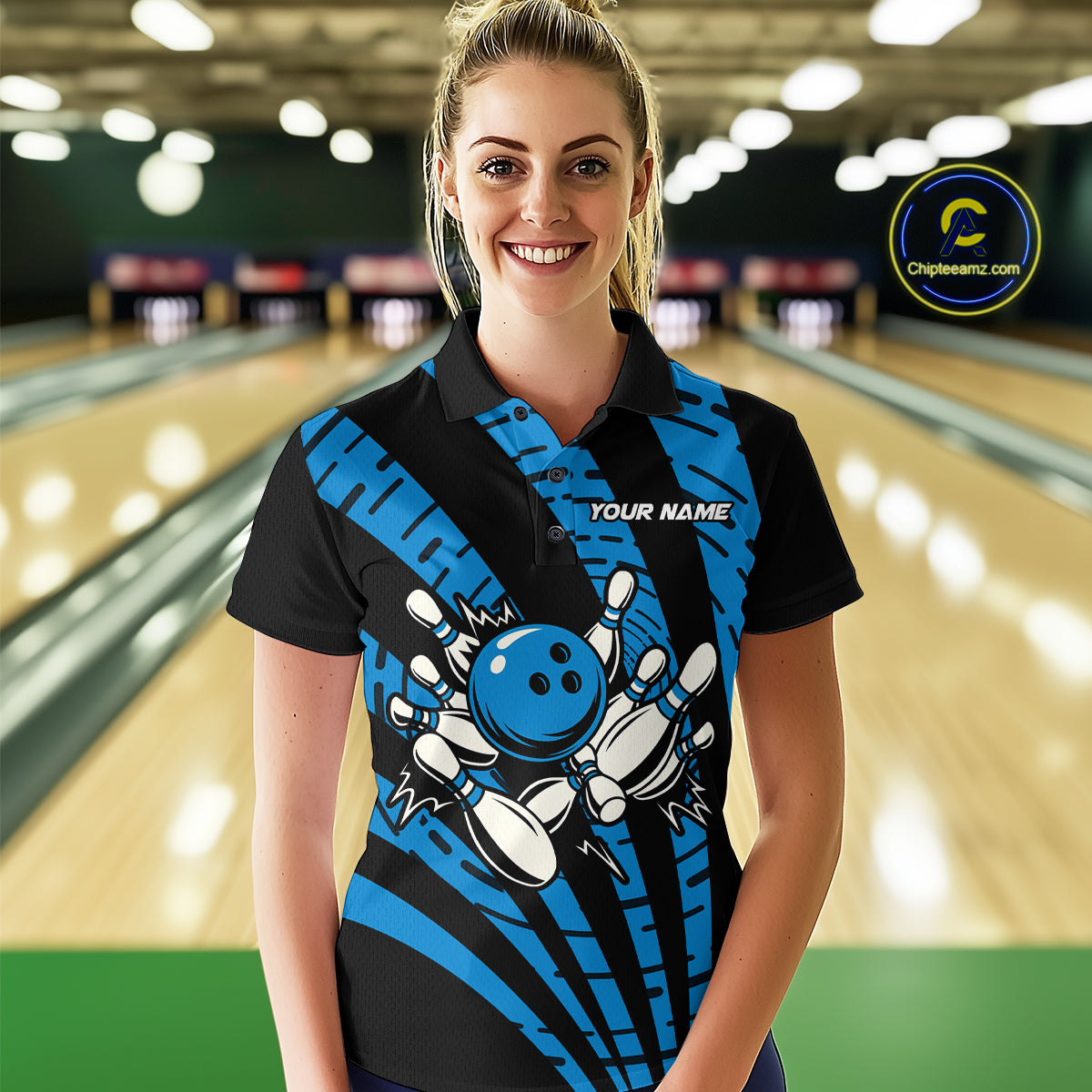 Custom Black and Blue camo Bowling Polo, Quarter Zip Shirt For Women Custom Team bowling jerseys NQS10608