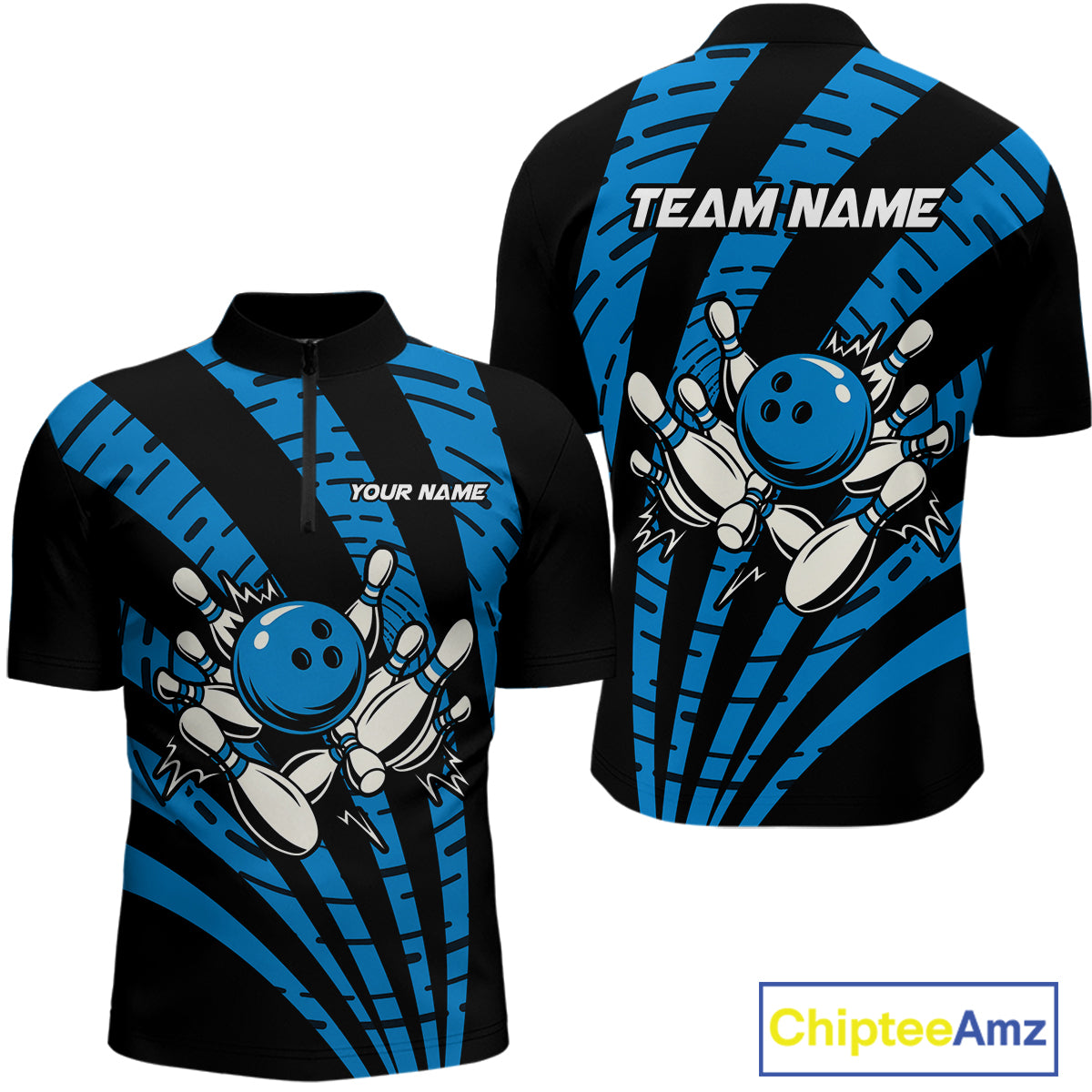 Custom Black and Blue camo Bowling Polo, Quarter Zip Shirt For Mens Custom Team bowling jerseys NQS10608