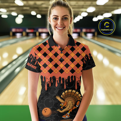 Funny Bowling Turkey Thanksgiving Womens Bowling Shirt Orange Pumpkin Custom Team Bowling Jersey NQS10840