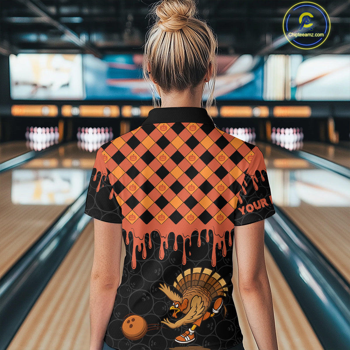 Funny Bowling Turkey Thanksgiving Womens Bowling Shirt Orange Pumpkin Custom Team Bowling Jersey NQS10840