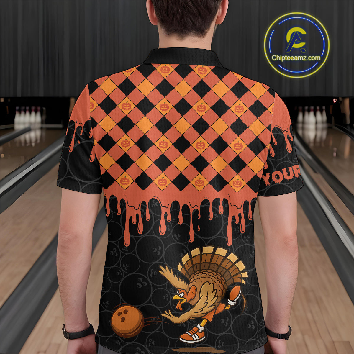 Funny Bowling Turkey Thanksgiving Mens Bowling Shirt Orange Pumpkin Custom Team Bowling Jersey NQS10840