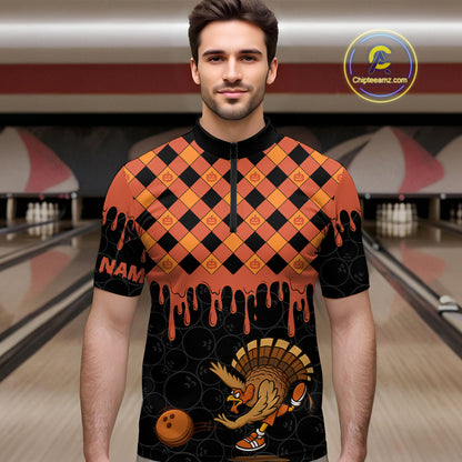Funny Bowling Turkey Thanksgiving Mens Bowling Shirt Orange Pumpkin Custom Team Bowling Jersey NQS10840