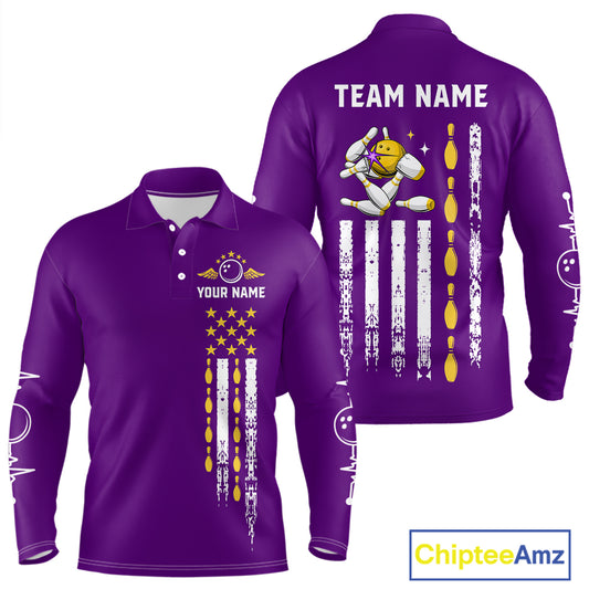 Yellow and Purple Retro American Flag Bowling Shirts For Men Custom Patriotic Bowling Team Jerseys NQS11213