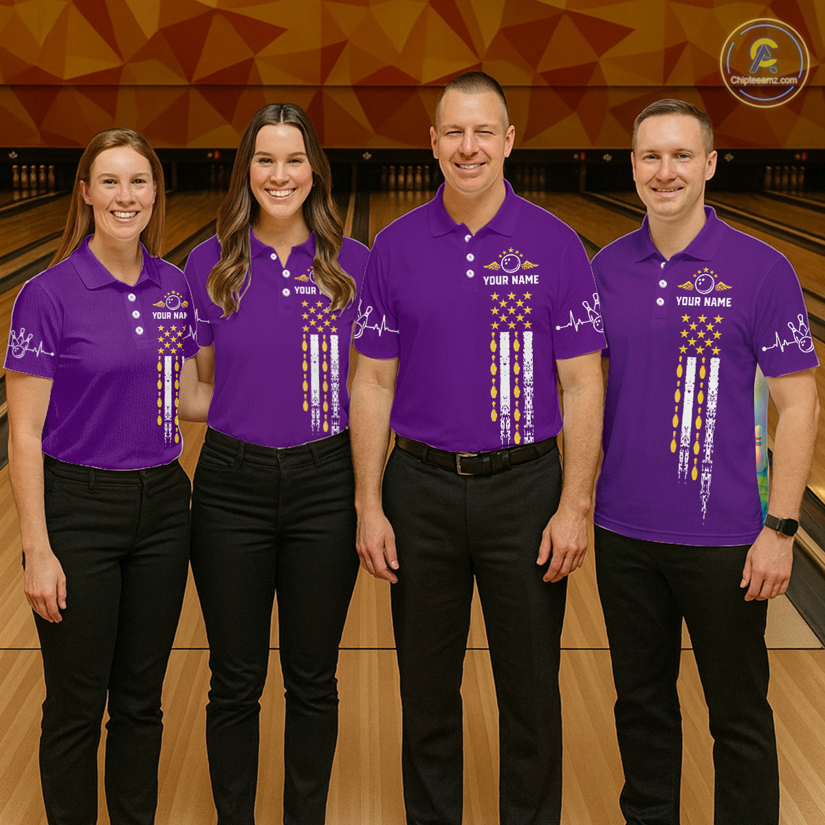Yellow and Purple Retro American Flag Bowling Shirts For Men Custom Patriotic Bowling Team Jerseys NQS11213