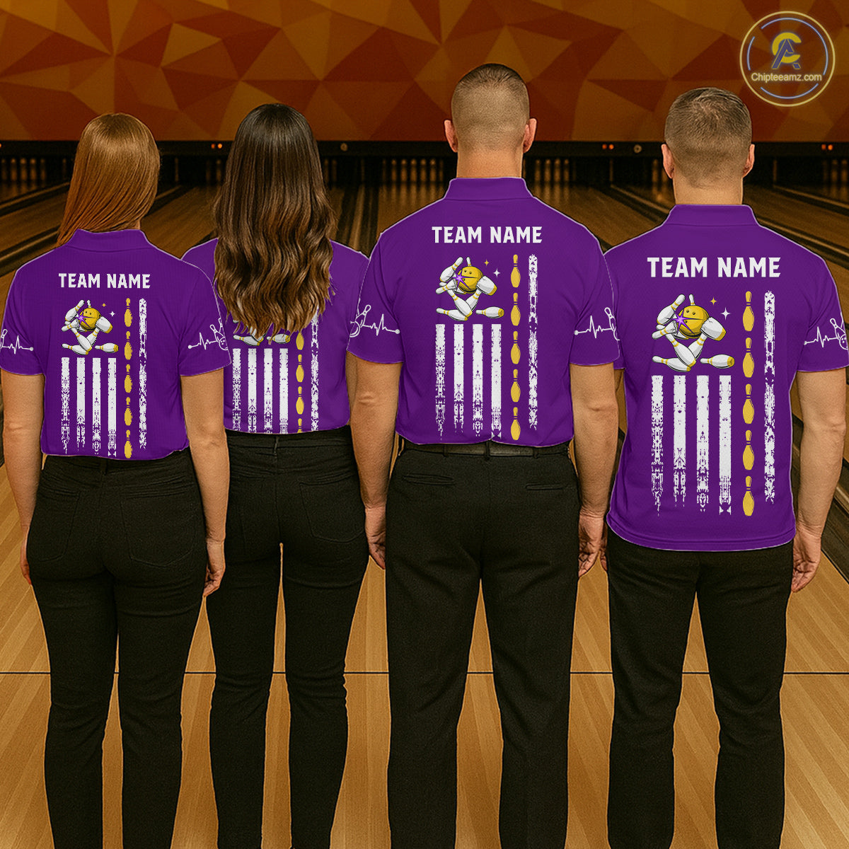 Yellow and Purple Retro American Flag Bowling Shirts For Men Custom Patriotic Bowling Team Jerseys NQS11213