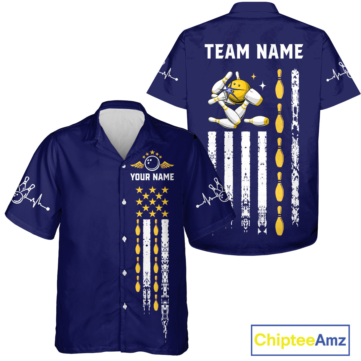 Yellow and Navy Blue Retro American Flag Bowling Hawaiian Shirt Custom Patriotic Bowling Team Jersey NQS11214
