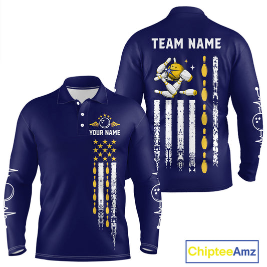 Yellow and Navy Blue Retro American Flag Bowling Shirts For Men Custom Patriotic Bowling Team Jerseys NQS11214