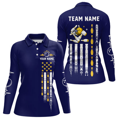 Yellow and Navy Blue Retro American Flag Bowling Shirt For Women Custom Patriotic Bowling Team Jersey NQS11214