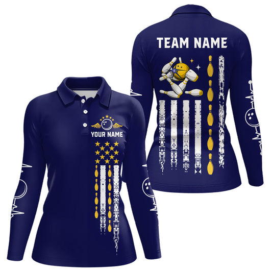 Yellow and Navy Blue Retro American Flag Bowling Shirt For Women Custom Patriotic Bowling Team Jersey NQS11214