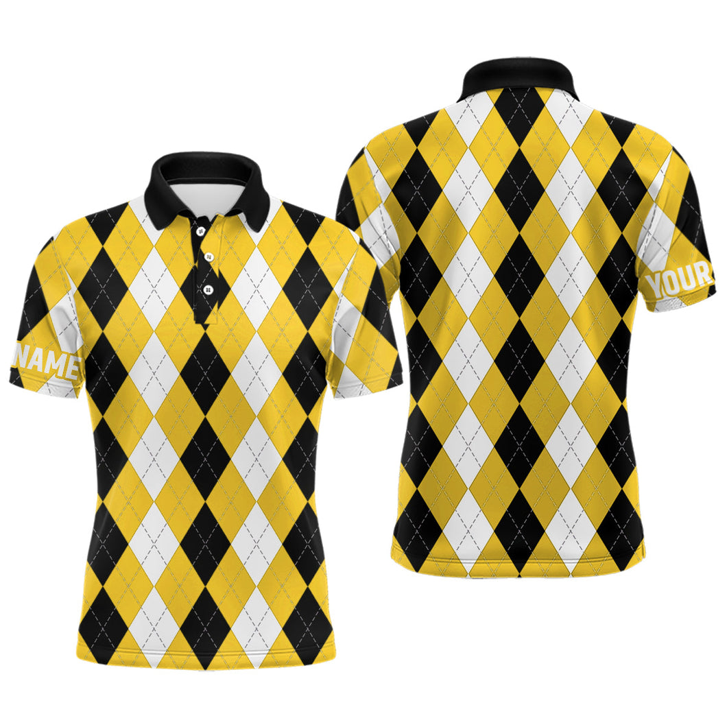 Mens golf polo shirt custom yellow argyle plaid pattern golf attire for men NQS8044