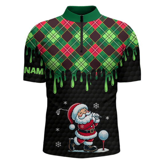 Green argyle Christmas pattern Santa Golfer Men's Quarter Zip shirt custom black mens golf attire NQS8948