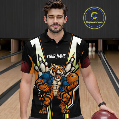Black and Orange Tiger Bowling Team Polo, Quarter Zip Shirts For Men Custom Tiger Bowling Jerseys NQS11063