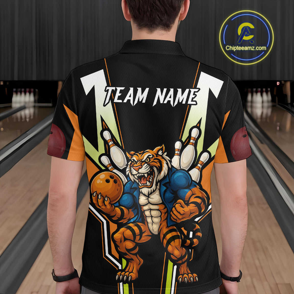 Black and Orange Tiger Bowling Team Polo, Quarter Zip Shirts For Men Custom Tiger Bowling Jerseys NQS11063