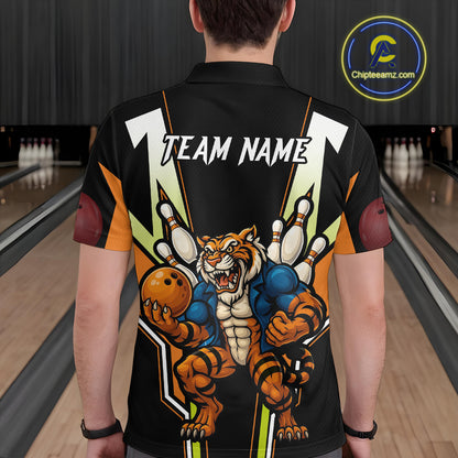 Black and Orange Tiger Bowling Team Polo, Quarter Zip Shirts For Men Custom Tiger Bowling Jerseys NQS11063