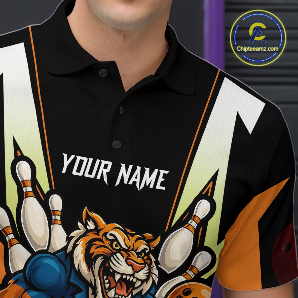 Black and Orange Tiger Bowling Team Polo, Quarter Zip Shirts For Men Custom Tiger Bowling Jerseys NQS11063