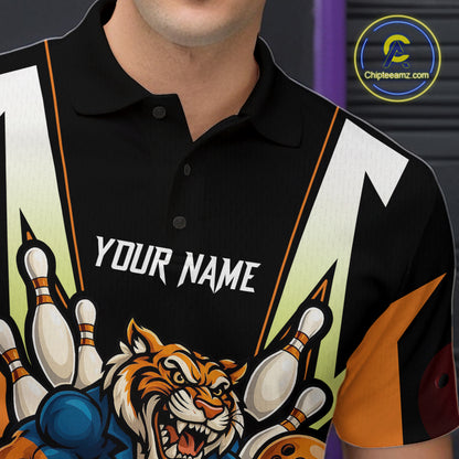 Black and Orange Tiger Bowling Team Polo, Quarter Zip Shirts For Men Custom Tiger Bowling Jerseys NQS11063