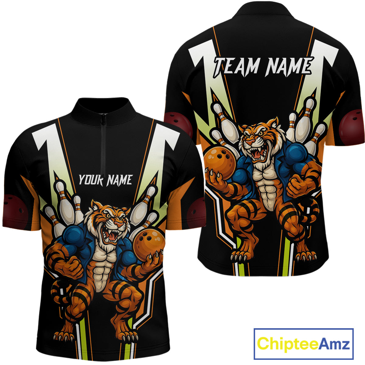 Black and Orange Tiger Bowling Team Polo, Quarter Zip Shirts For Men Custom Tiger Bowling Jerseys NQS11063