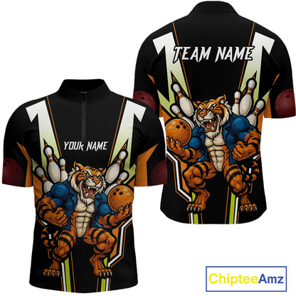 Black and Orange Tiger Bowling Team Polo, Quarter Zip Shirts For Men Custom Tiger Bowling Jerseys NQS11063