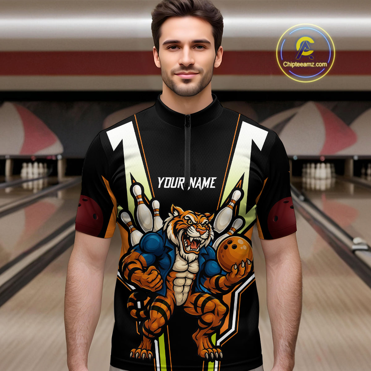 Black and Orange Tiger Bowling Team Polo, Quarter Zip Shirts For Men Custom Tiger Bowling Jerseys NQS11063