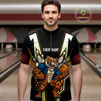 Black and Orange Tiger Bowling Team Polo, Quarter Zip Shirts For Men Custom Tiger Bowling Jerseys NQS11063