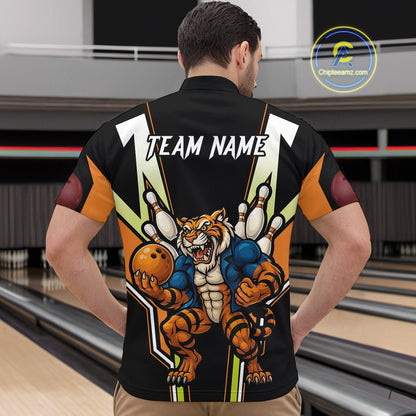 Black and Orange Tiger Bowling Team Polo, Quarter Zip Shirts For Men Custom Tiger Bowling Jerseys NQS11063
