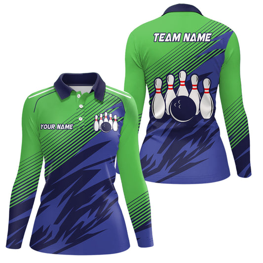 Green And Blue Camo Bowling Polo, 1/4 Quarter Zip Shirts For Women, Custom Name Bowling Team Jerseys NQS7846