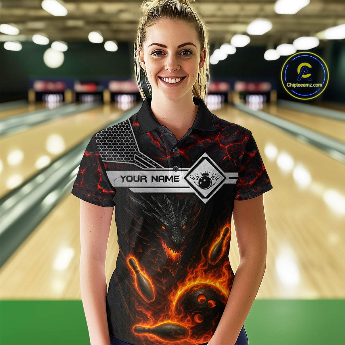 Black And Red Flame Custom Dragon Bowling Shirts For Women, Bowling League Shirts NQS11070