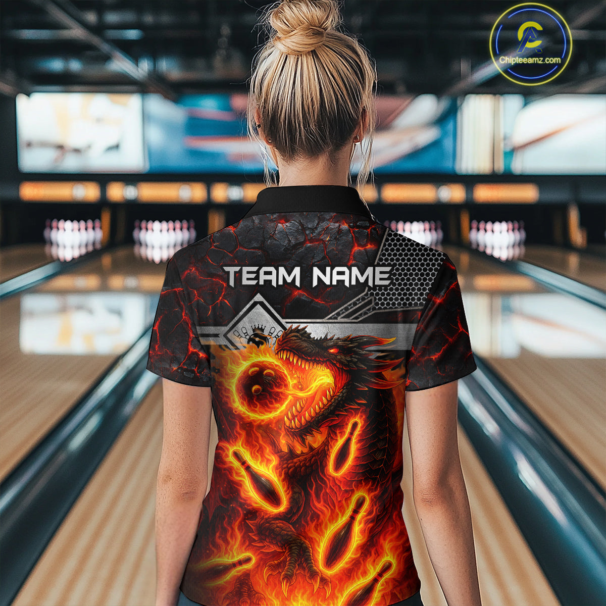 Black And Red Flame Custom Dragon Bowling Shirts For Women, Bowling League Shirts NQS11070