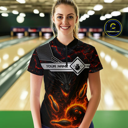 Black And Red Flame Custom Dragon Bowling Shirts For Women, Bowling League Shirts NQS11070