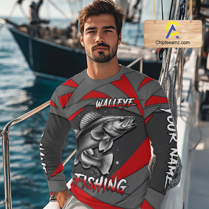 Gray and Red Walleye Fishing Jersey Custom Walleye Fishing Shirt for Team, personalized fishing gifts NQS10899