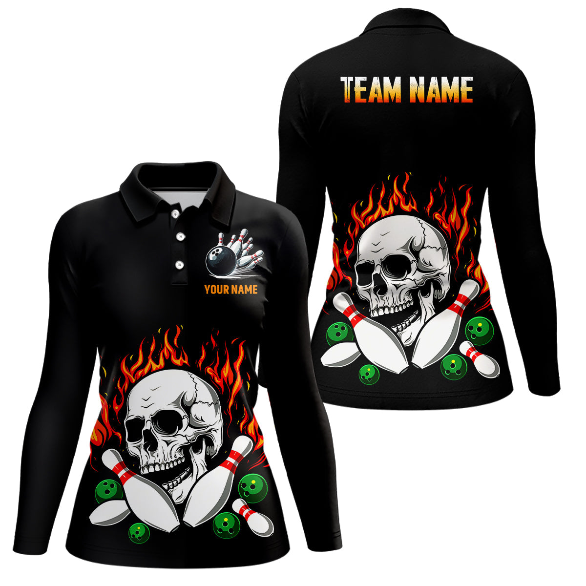 Flame Bowling skull Women bowling polo, quarter zip shirts Custom Team bowling Jerseys, bowling gifts NQS7649