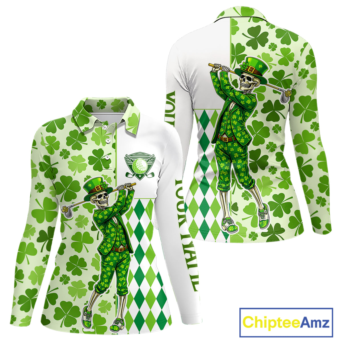Green Shamrock argyle pattern St Patrick Skull Golf Polo Shirt For Women Custom women's golf outfits NQS 11507