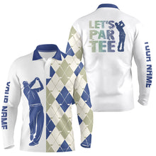 Load image into Gallery viewer, Blue and white golf shirt argyle pattern golf clubs custom name Mens golf polo shirt Let's par tee NQS8078