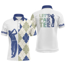 Load image into Gallery viewer, Blue and white golf shirt argyle pattern golf clubs custom name Mens golf polo shirt Let's par tee NQS8078