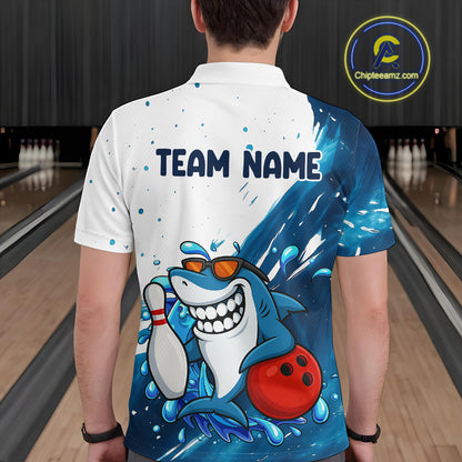 White and Blue Camo Shark Bowling polo, quarter zip shirts for Men Custom funny bowling team shirts NQS10280