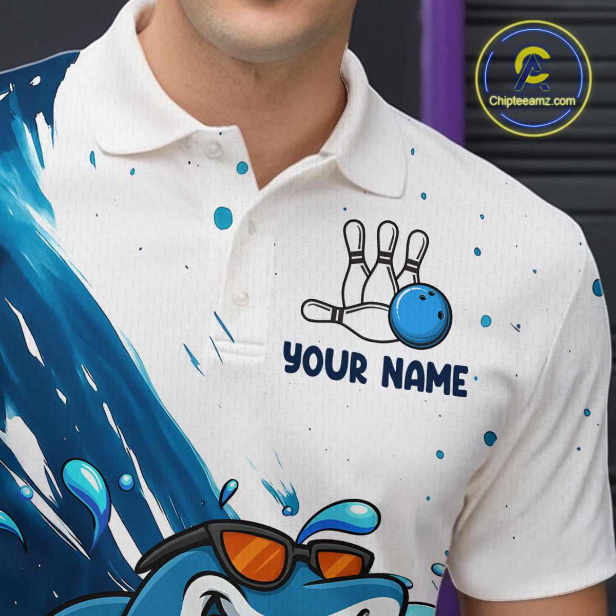 White and Blue Camo Shark Bowling polo, quarter zip shirts for Men Custom funny bowling team shirts NQS10280