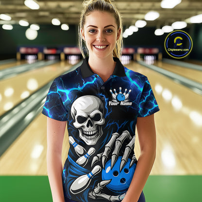 Custom Blue Lightning Thunder Skull Bowling Shirts For Women, Halloween Bowling Team Jerseys NQS10720