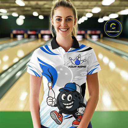 Blue and White Funny Bowling Shirts For Women Custom Team Bowling Polo, 1/4 Zip Jerseys NQS11103