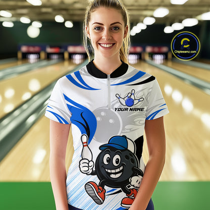 Blue and White Funny Bowling Shirts For Women Custom Team Bowling Polo, 1/4 Zip Jerseys NQS11103