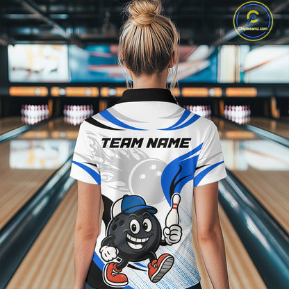 Blue and White Funny Bowling Shirts For Women Custom Team Bowling Polo, 1/4 Zip Jerseys NQS11103