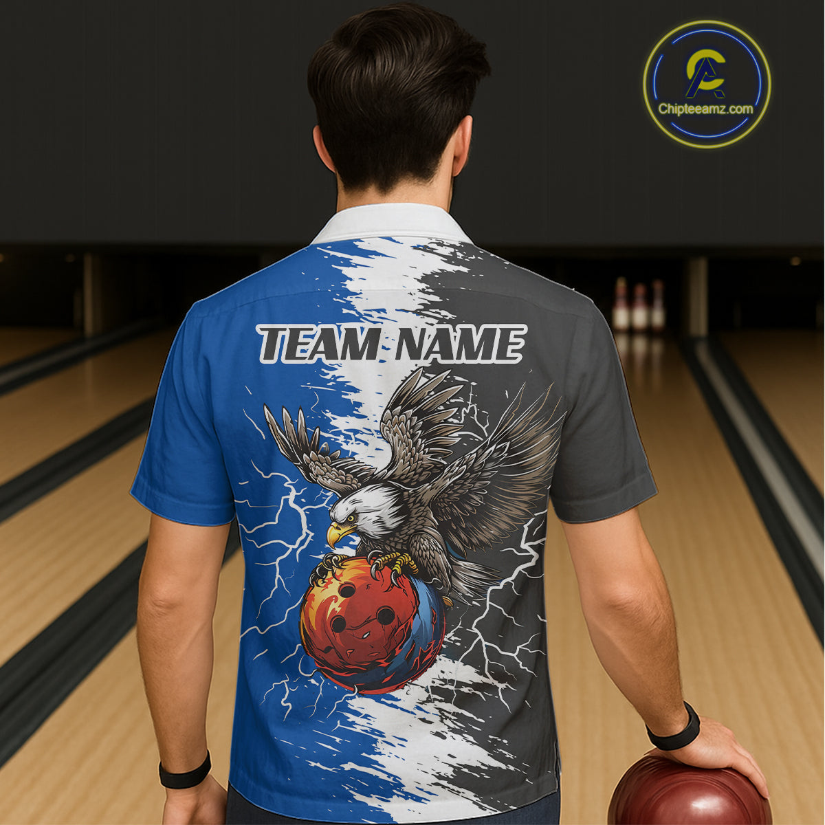 Lightning Thunder Eagle Bowling Hawaiian Shirt Custom bowling Team Button up shirts | Blue NQS11309