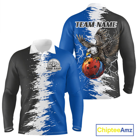 Lightning Thunder Eagle Bowling Polo, Quarter Zip Shirt For Men Custom bowling Team jerseys | Blue NQS11309