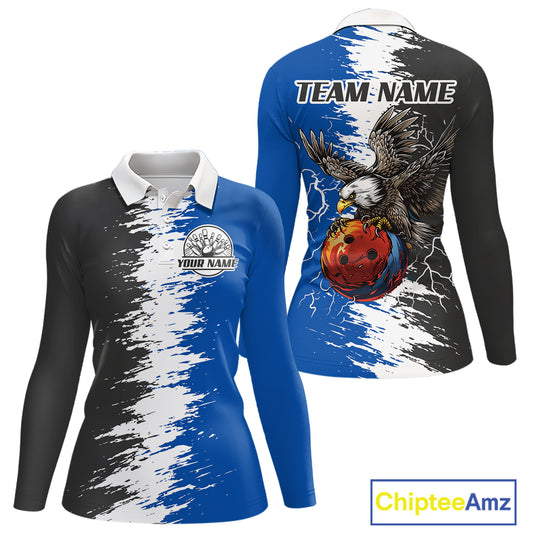 Lightning Thunder Eagle Bowling Polo, Quarter Zip Shirt For Women Custom bowling Team jerseys | Blue NQS11309