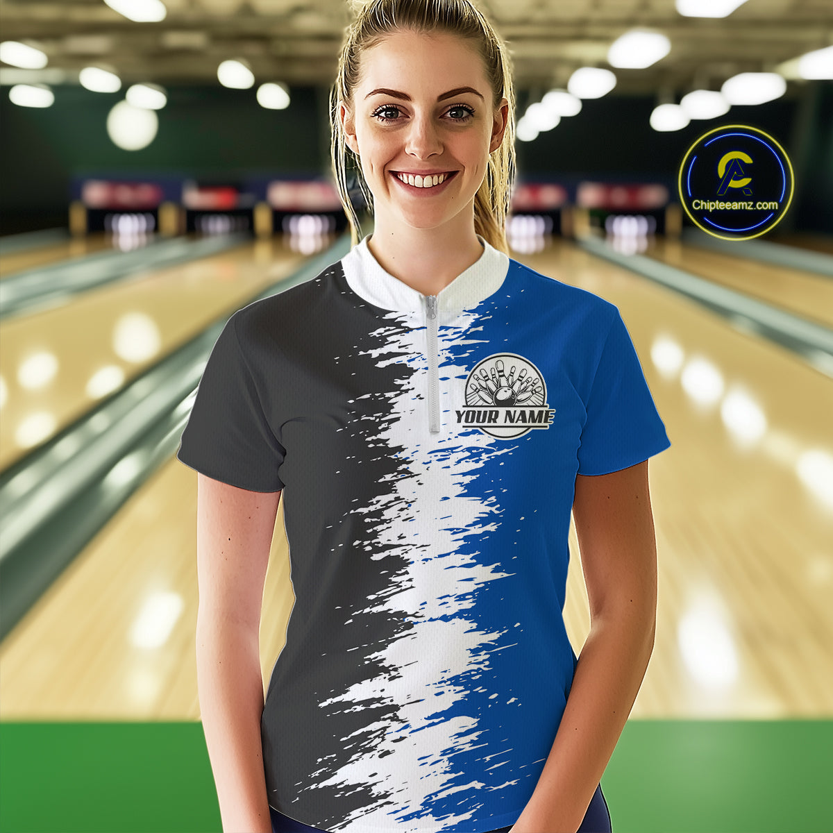 Lightning Thunder Eagle Bowling Polo, Quarter Zip Shirt For Women Custom bowling Team jerseys | Blue NQS11309
