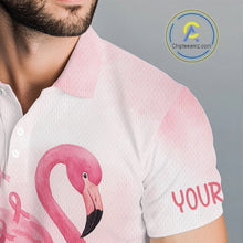 Load image into Gallery viewer, Watercolor Pink Flamingo ribbons Mens golf polo shirts Custom Breast Cancer Awareness men golf attire NQS10512