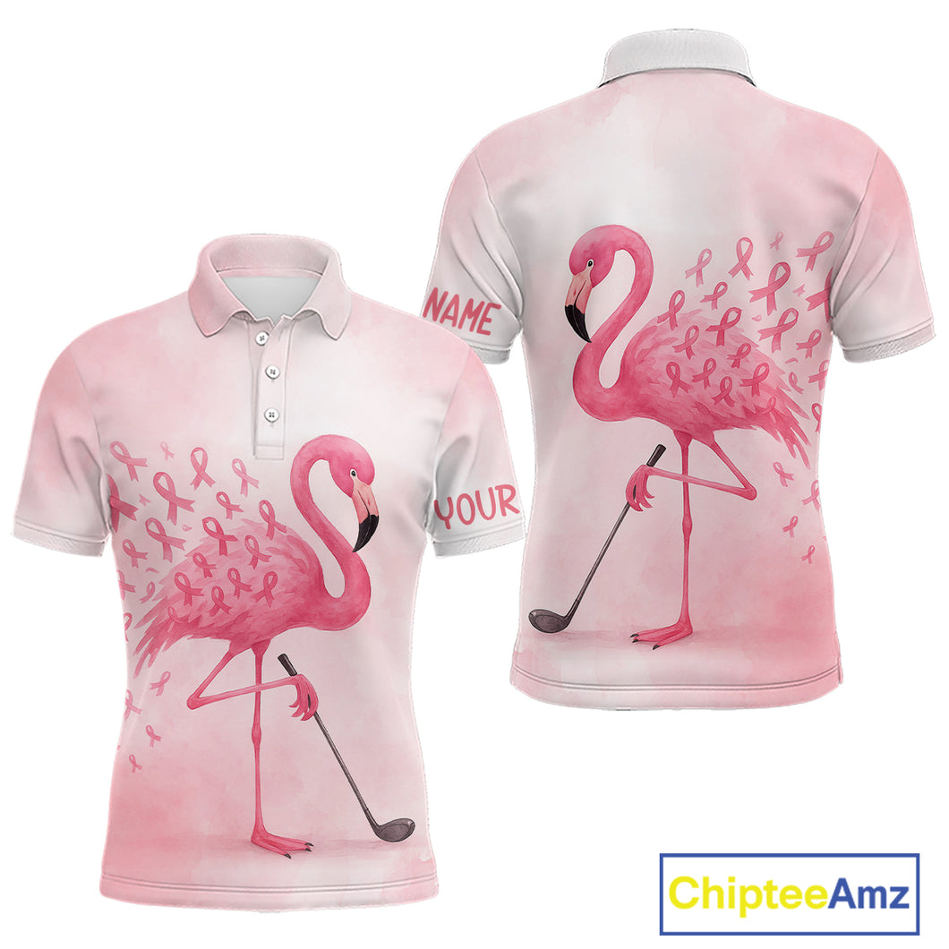 Watercolor Pink Flamingo ribbons Mens golf polo shirts Custom Breast Cancer Awareness men golf attire NQS10512