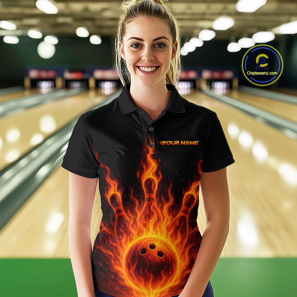 Custom Flame Bowling Polo, Quarter Zip Shirts for Women Custom Team Bowling Uniform NQS10521