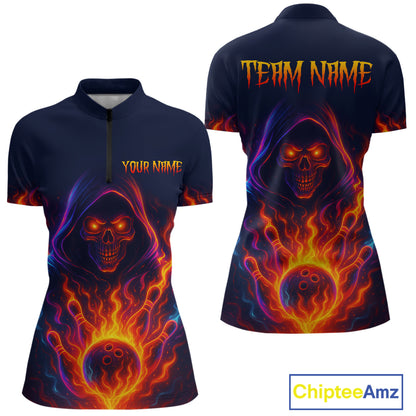 Custom Orange Flame Skull Bowling Shirts for Women Custom Team Bowling Shirts, gift for bowlers NQS10522