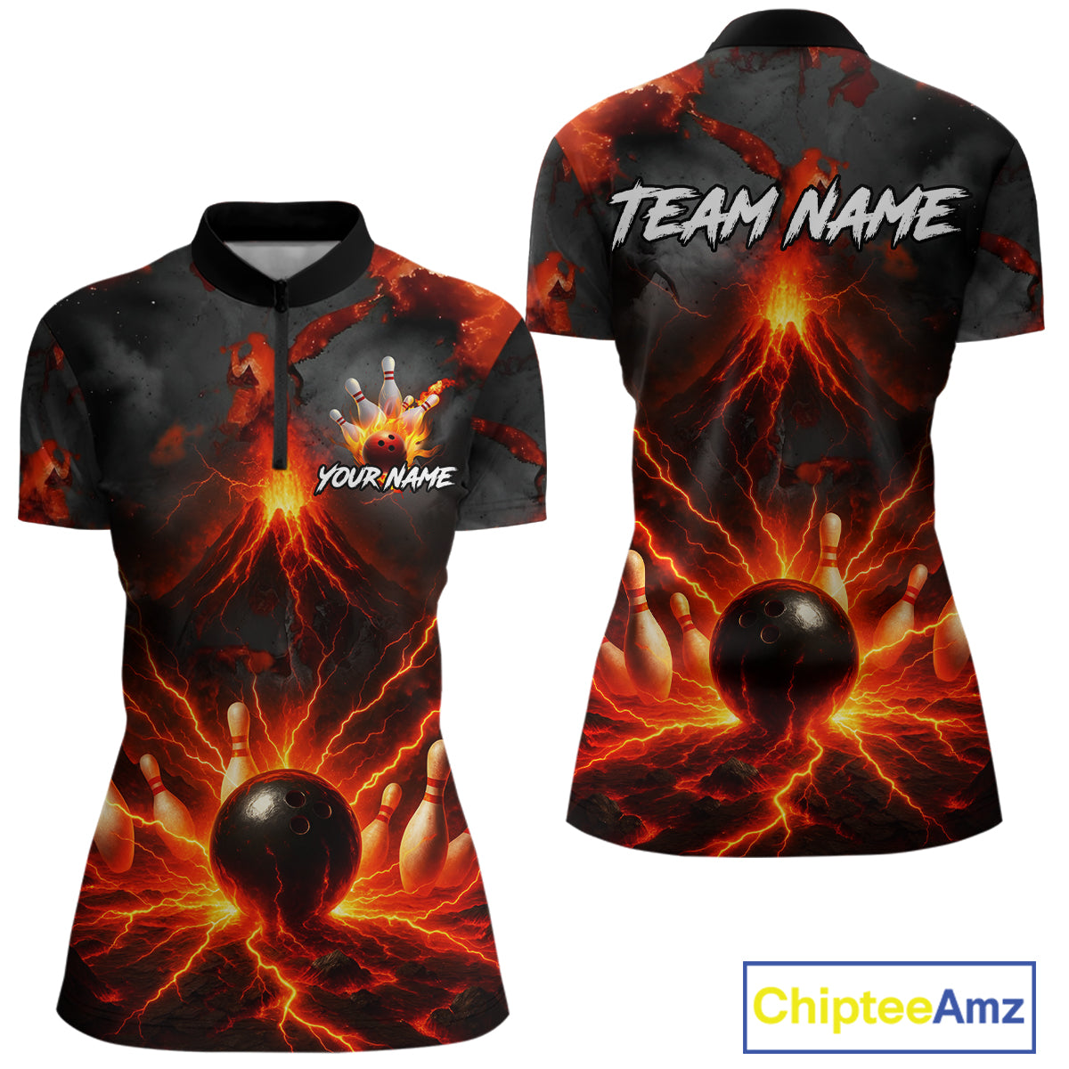 Red Lightning volcano Women Bowling Polo, Quarter Zip shirts Custom bowling outfits gifts for ladies NQS10956