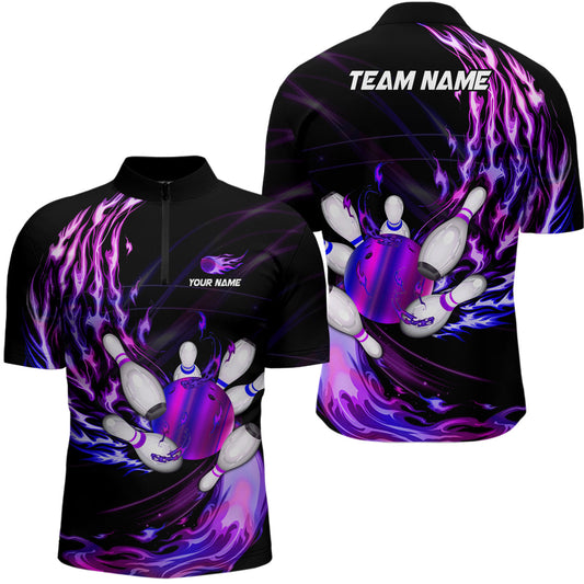 Men's bowling Quarter Zip shirts Custom Purple flame Bowling ball and pins Team league bowler Jersey NQS7369